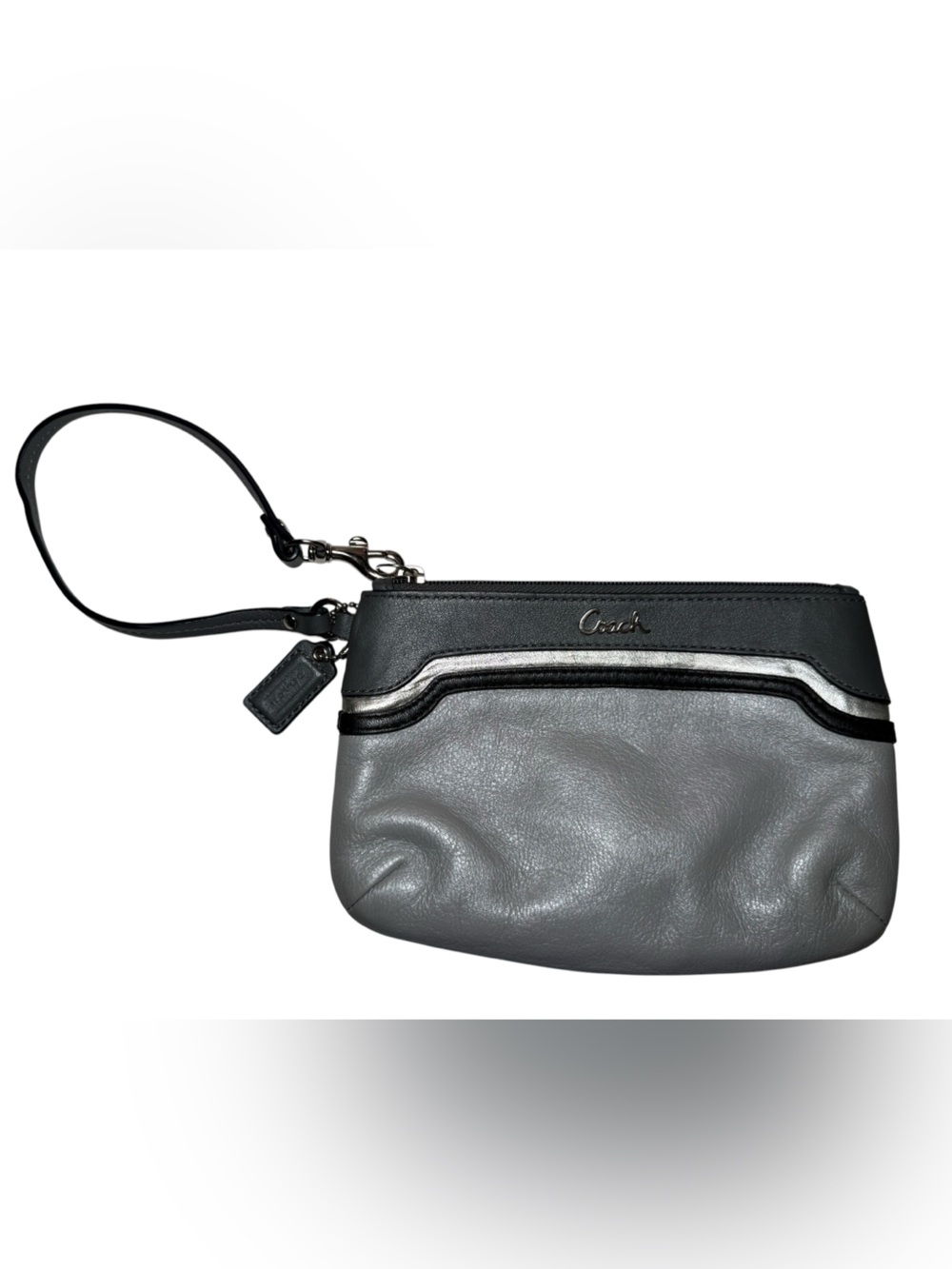 GUC Coach Gray & Black Leather Wristlet with Silver Trim